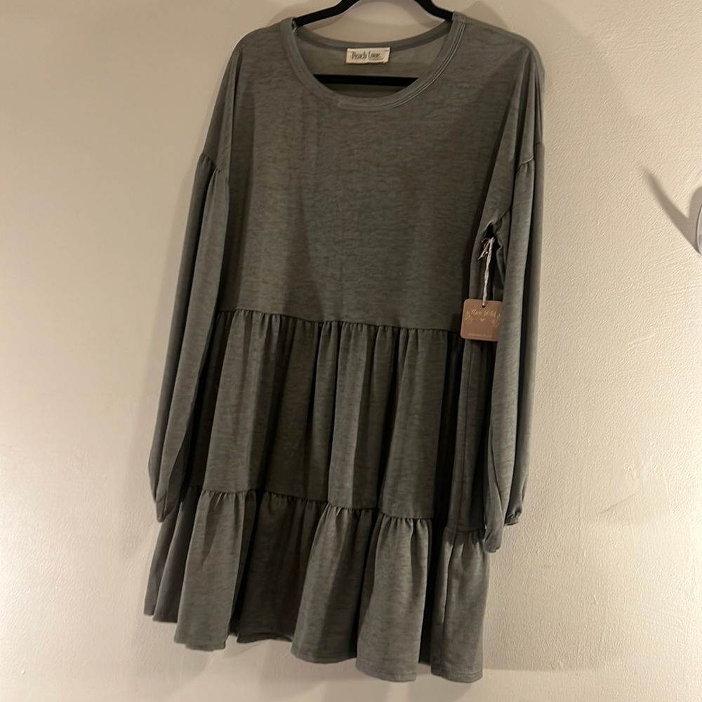 Olive Heather green, baby ball long elastic sinched sleeve foley midi dress